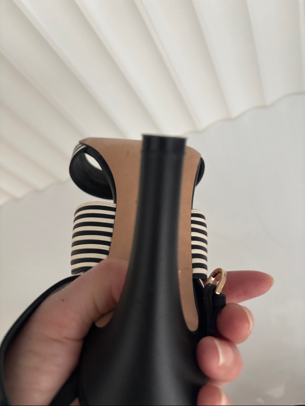 CHANEL Black and White Striped Slingback Heels with CC Accent - Picture 6 of 7